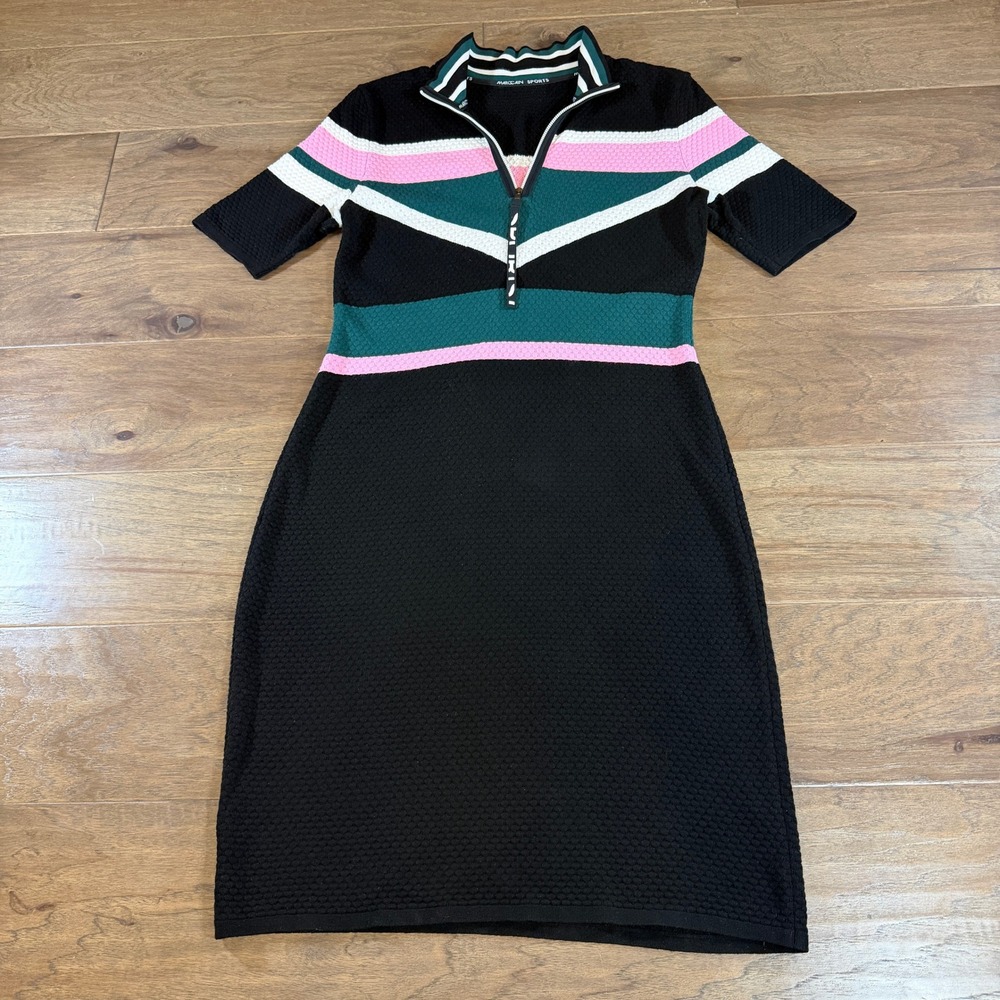 MARCCAIN Knit Dress Black Pink Green Chevron Stripe 1/4 Zip Short Sleeve Midi‎